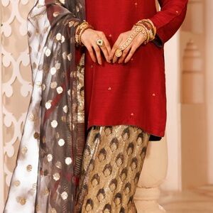 MAROON SILK FORMAL  FARSHI SUIT 3 PIECE